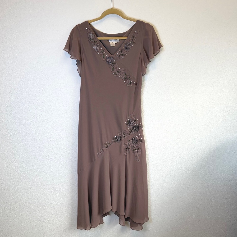 Y2K Adrianna Papell Brown Asymmetric Formal Midi Dress Womens 10 Cocktail Flowy